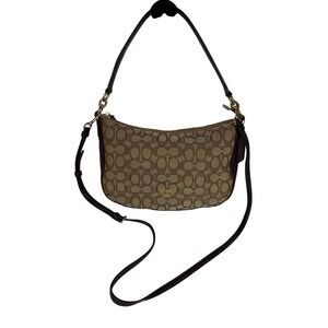 COACH Women's Chelsea Crossbody Bag, Signature Canvas, Dark Brown Leather Trim.